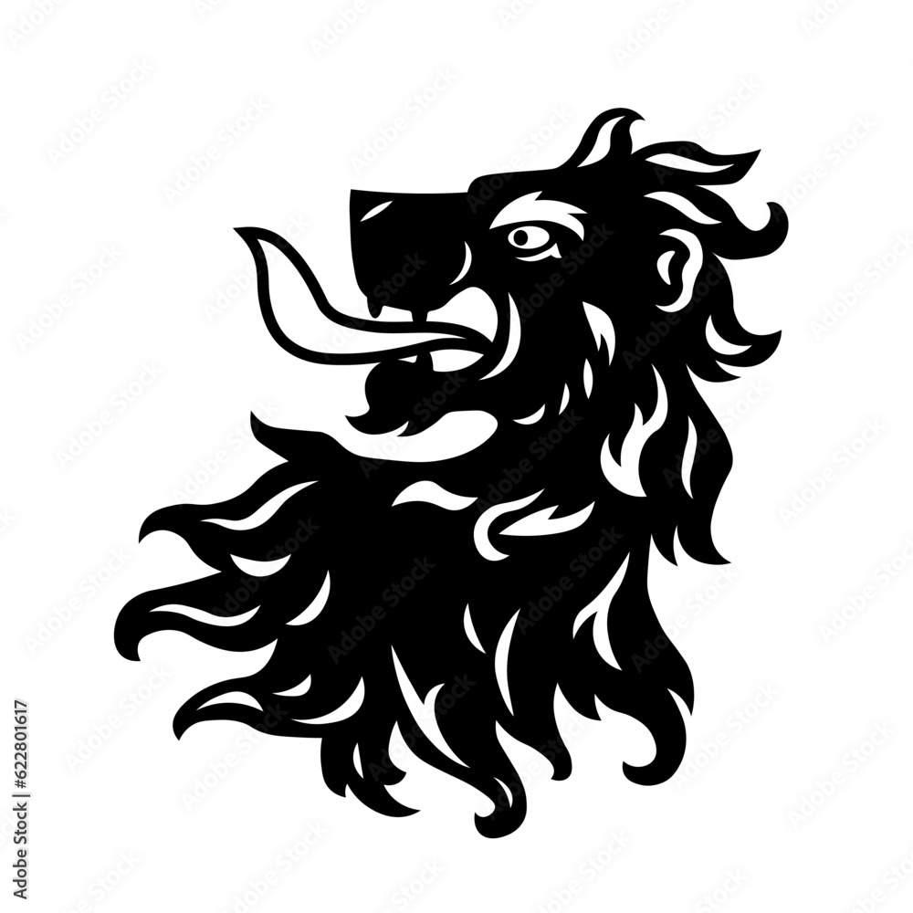 Heraldic lion head. Symbol, sign, line, icon, silhouette, tattoo. Isolated vector illustration.