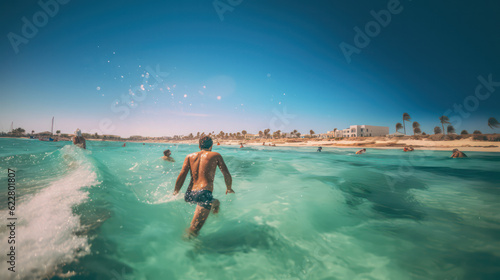 Fun and frolic at a Djerba style beach, showcasing white sands and pure turquoise sea amidst a vibrant local atmosphere. Generative AI. © Zephyrfoto