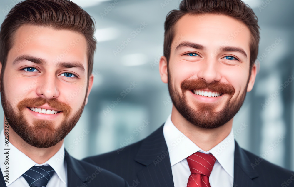 Portrait of two young businessmen smiling at the camera. Office background. Generative AI Portrait of two young businessmen smiling at the camera. Office background. Generative AI