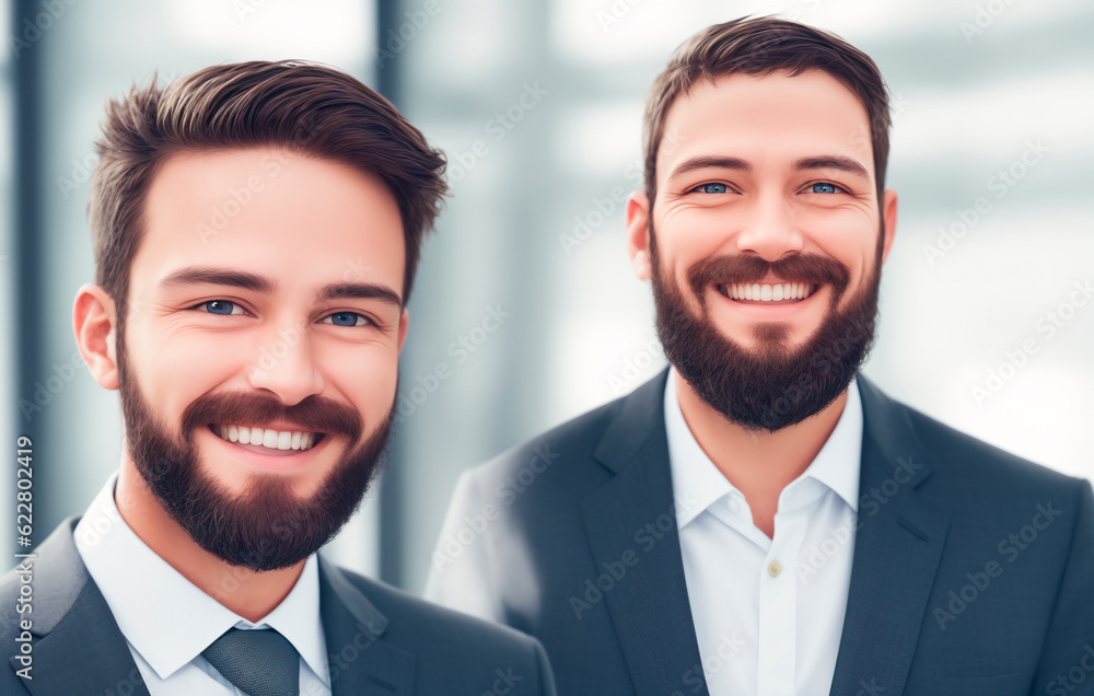 Portrait of two young businessmen smiling at the camera. Office background. Generative AI