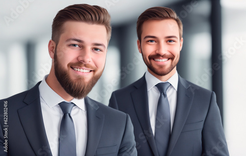 Portrait of two young businessmen smiling at the camera. Office background. Generative AI photo
