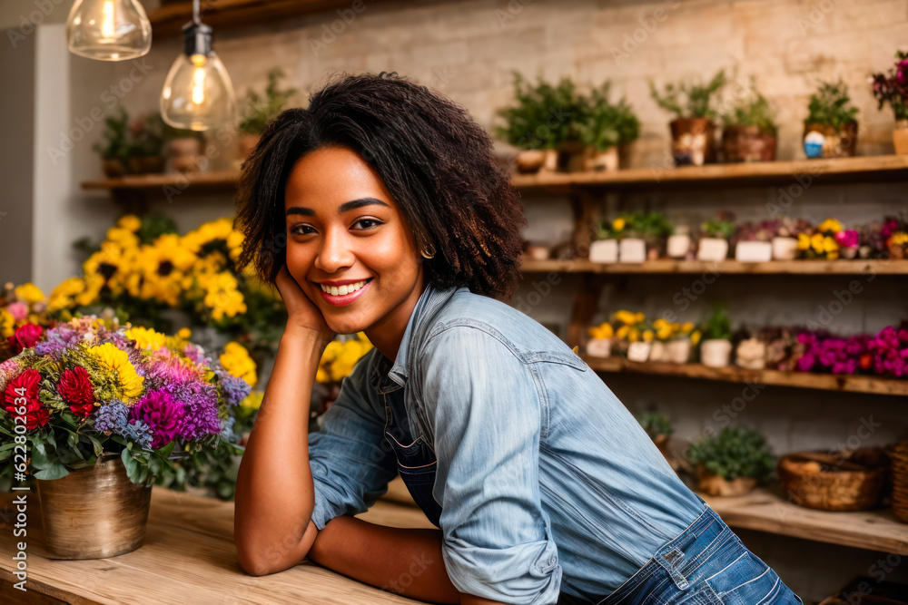 Portrait of smiling happy a dark-haired woman prepares bouquets of flowers in a small flower shop at early morning. Concept of biophilia lifestyle. Generative AI Portrait of smiling happy a dark-haired woman prepares bouquets of flowers in a small flower shop at early morning. Concept of biophilia lifestyle. Generative AI