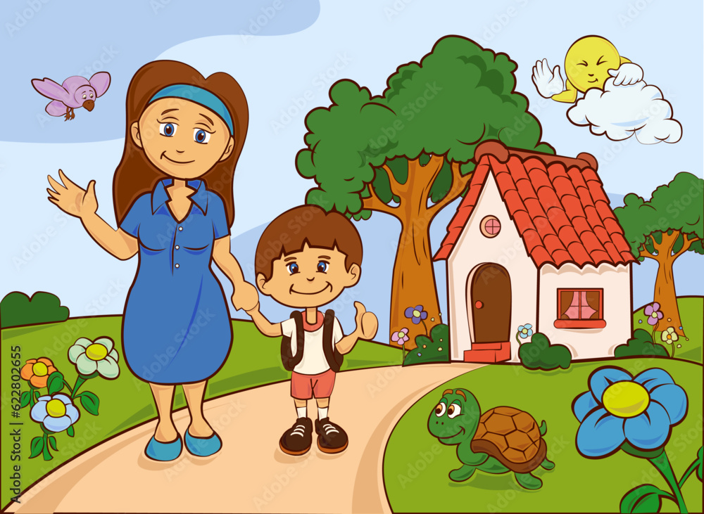 Fototapeta premium Mamá e hijo saludando en paisaje con animales, sol, nube y casa al fondo, ilustración en vector