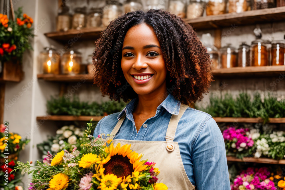 Portrait of smiling happy a dark-haired woman prepares bouquets of flowers in a small flower shop at early morning. Concept of biophilia lifestyle. Generative AI