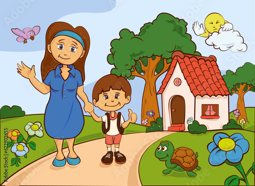 Mamá e hijo saludando en paisaje con animales, sol, nube y casa al fondo, ilustración en vector