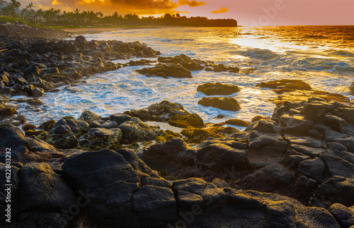 Sunrise on The Volcanic Shoreline of Shipwreck Beach, Poipu, Kauai, Hawaii, USA