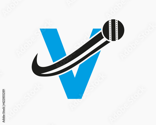 Initial Letter V Cricket Logo Concept With Moving Ball Icon For Cricket Club Symbol. Cricketer Sign