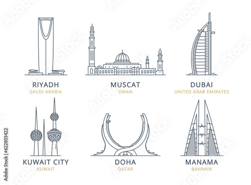 Сollection of Arab states of the Persian Gulf cities icons with urban landmarks. Linear illustrations of modern city symbols by RIYADH, MUSCAT, DUBAI, KUWAIT CITY, DOHA, MANAMA. 