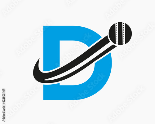 Initial Letter D Cricket Logo Concept With Moving Ball Icon For Cricket Club Symbol. Cricketer Sign