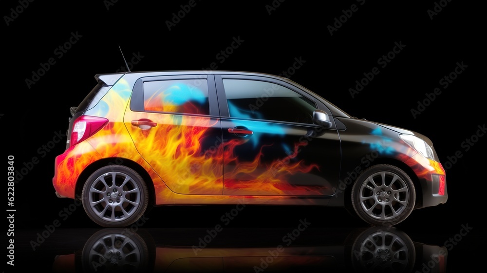 Car with airbrushing and neon lights on a dark background. AI generation
Car with airbrushing and neon lights on a dark background. AI generation