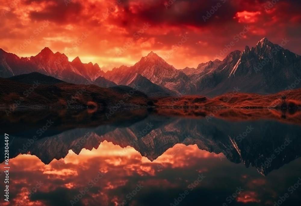 a mountains and the water reflect in the water, in the style of dark red and light orange, landscape photography,