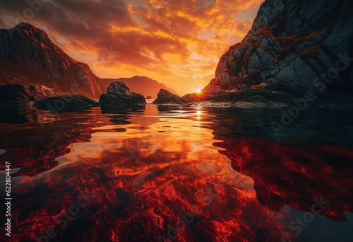 a mountains and the water reflect in the water  in the style of dark red and light orange  landscape photography 