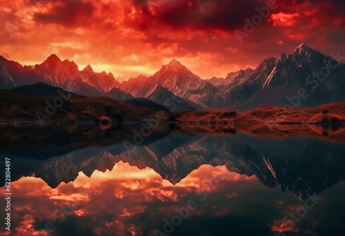 a mountains and the water reflect in the water  in the style of dark red and light orange  landscape photography 