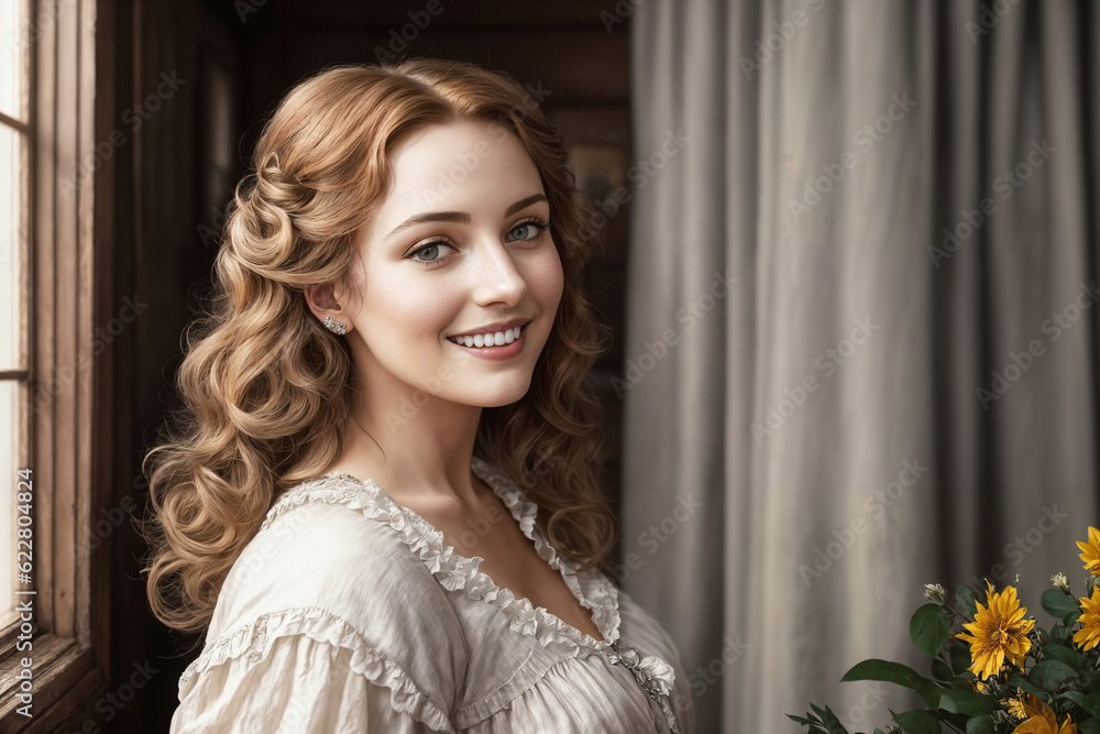 Fototapeta premium Portrait of a beautiful woman at the window in the room of a village house. Generative AI.