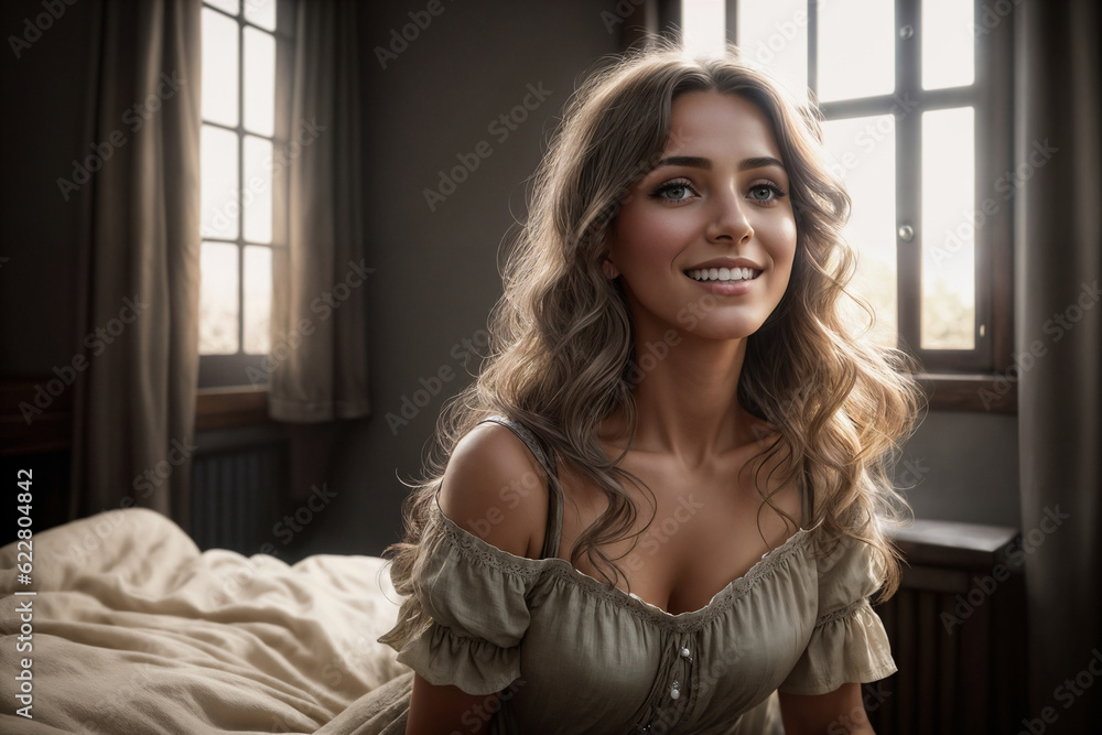 Portrait of a beautiful woman near window in a room of a rustic house. Generative AI. Portrait of a beautiful woman near window in a room of a rustic house. Generative AI.