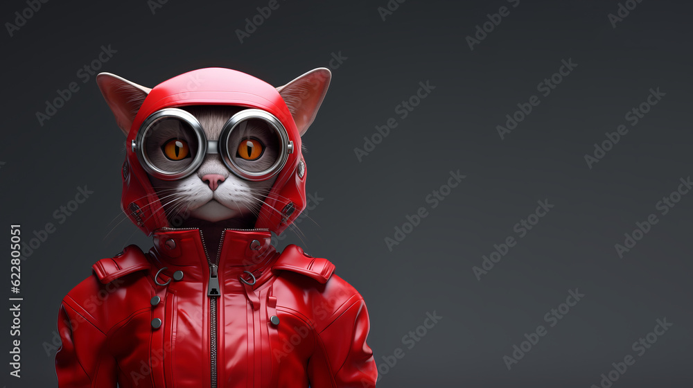 Hyper realistic portrait of an anthropomorphic lady cat in stylish red biker costume. Striking pop art style with a futuristic twist concept Hyper realistic portrait of an anthropomorphic lady cat in stylish red biker costume. Striking pop art style with a futuristic twist concept