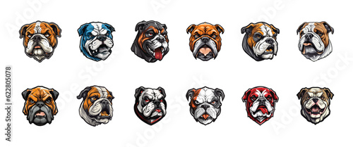 Set of Bulldog Mascot design, Bulldog Logo Collection Vector illustration, Bulldog Logo design for T shirt print placement, Vector Pack of Bulldog Cutout   Illustration