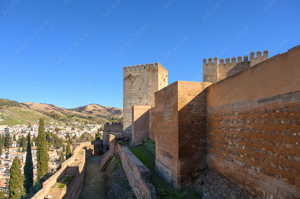Medieval architecture of the Alhambra fort in Granada, Spain