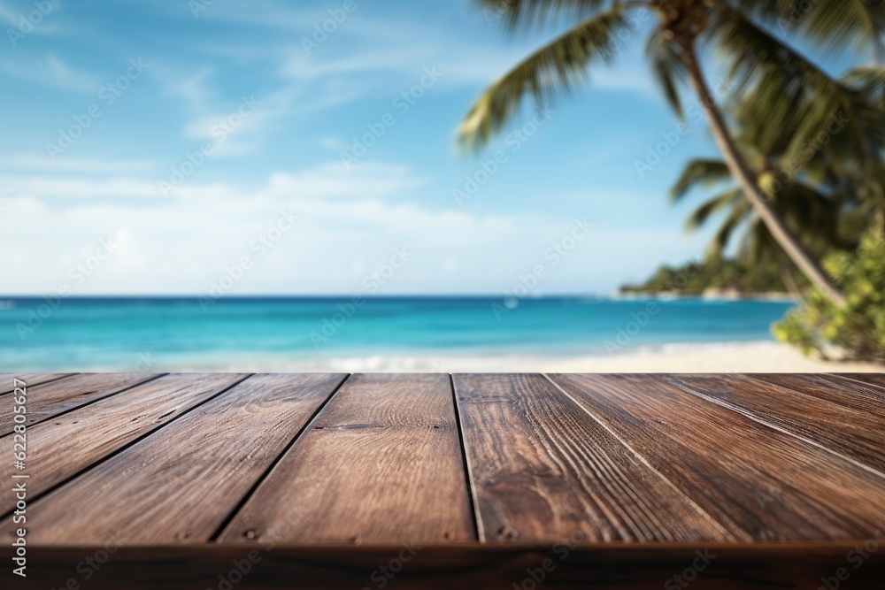 Empty wooden top table with tropical beach background Empty wooden top table with tropical beach background