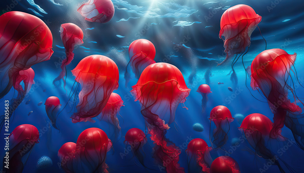 Red jelly fish drifting in the blue sea