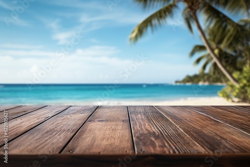 Empty wooden top table with tropical beach background
