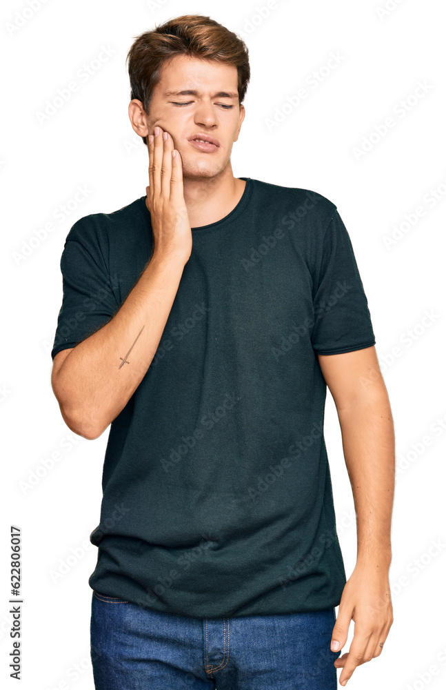 Handsome caucasian man wearing casual clothes touching mouth with hand with painful expression because of toothache or dental illness on teeth. dentist Handsome caucasian man wearing casual clothes touching mouth with hand with painful expression because of toothache or dental illness on teeth. dentist