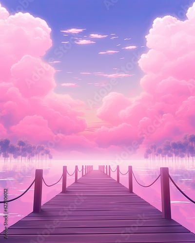 In the foreground, a dock stands amidst pink sky, trees, and fog. (Generative AI) © HandmadePictures