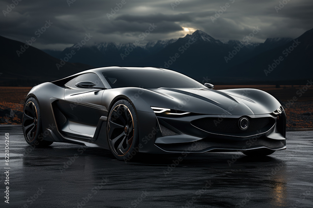 Naklejka premium Futuristic concept car outdoors on the background of mountains, expensive exclusive sports auto, AI Generated