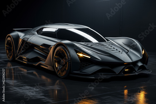 Futuristic concept car in garage on dark background, expensive exclusive sports auto, AI Generated