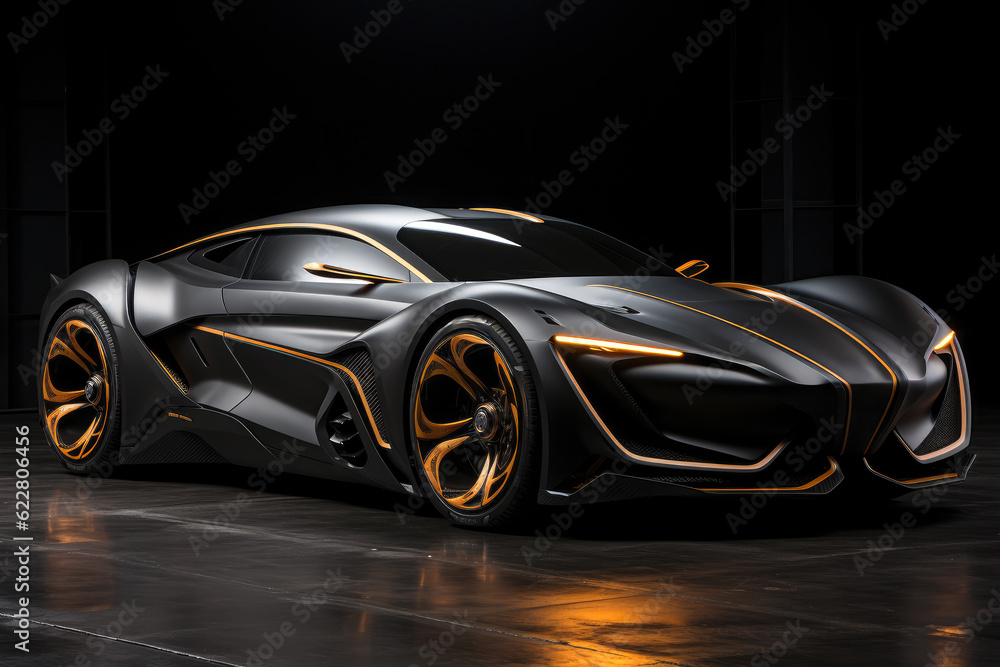 Futuristic concept car in garage on dark background, expensive exclusive sports auto, AI Generated