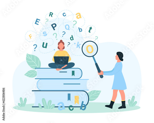 Dyslexia, disability disorder vector illustration. Cartoon tiny people study near stacks of big books, help to solve learning problem, look at letters in chaos of cloud through magnifying glass