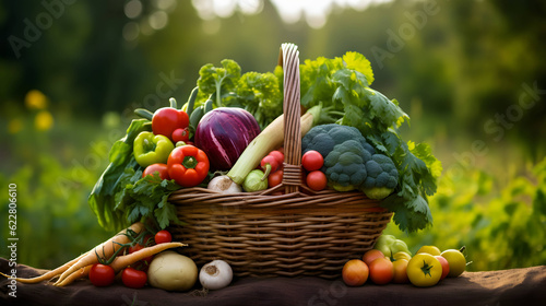 Fototapeta Naklejka Na Ścianę i Meble -  Basket with organic farm vegetables. AI generated image