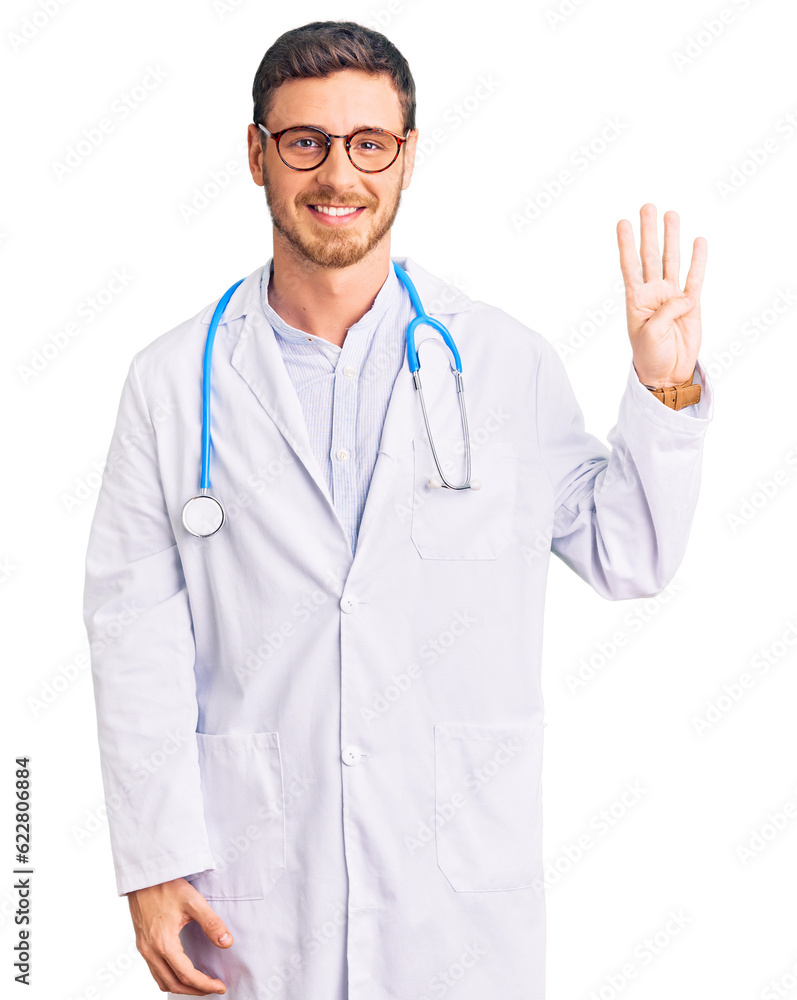 Handsome young man with bear wearing doctor uniform showing and pointing up with fingers number four while smiling confident and happy. Handsome young man with bear wearing doctor uniform showing and pointing up with fingers number four while smiling confident and happy.