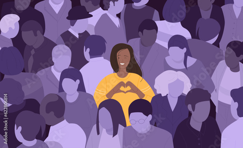 Happy girl in crowd vector illustration. Cartoon satisfied young woman standing among group of faceless depressed sad adult people with heart gesture, lucky female character with smile on cute face