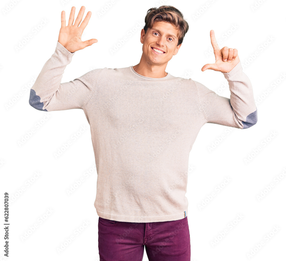 Young handsome man wearing casual clothes showing and pointing up with fingers number seven while smiling confident and happy. Young handsome man wearing casual clothes showing and pointing up with fingers number seven while smiling confident and happy.