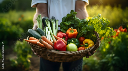 Farmer holds basket with organic vegetables. AI generated image