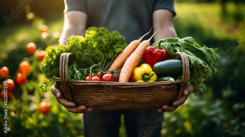 Farmer holds basket with organic vegetables. AI generated image