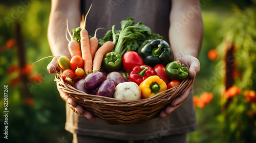 Tela Farmer holds basket with organic vegetables. AI generated image