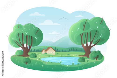 Spring lake landscape vector illustration. Cartoon cute nature scene with flowers on green trees and grass, blue sky and water of pond, scenic village road to countryside house and mountain on horizon