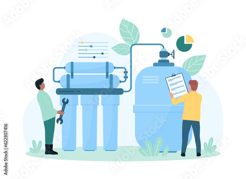 Water purification with reverse osmosis filtration vector illustration. Cartoon tiny people repair domestic water treatment system with RO membrane filter, tank and pipes, installation by engineers