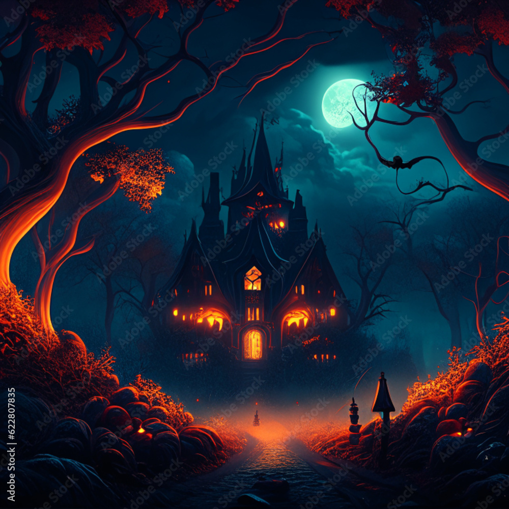 Halloween background with haunted castle and full moon. AI generated