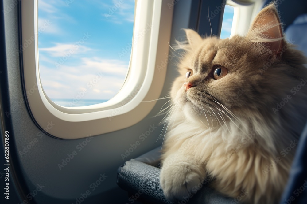 cat is flying in airplane.