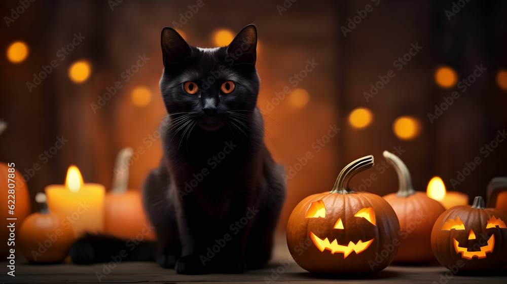Halloween cute black cat and pumpkin lanterns. AI generated image Halloween cute black cat and pumpkin lanterns. AI generated image