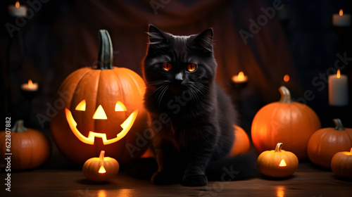Halloween cute black cat and pumpkin lanterns. AI generated image