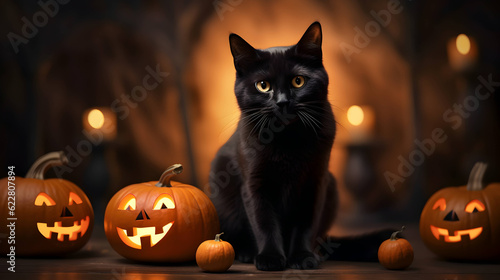 Halloween cute black cat and pumpkin lanterns. AI generated image