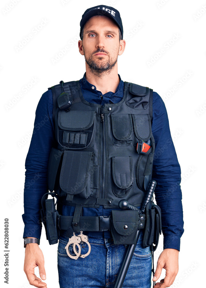 Φωτογραφία Young handsome man wearing police uniform looking sleepy and tired, exhausted for fatigue and hangover, lazy eyes in the morning