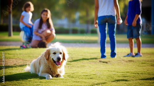 Cute golden retriever dog lying on green grass with family in background. selective focus. photo