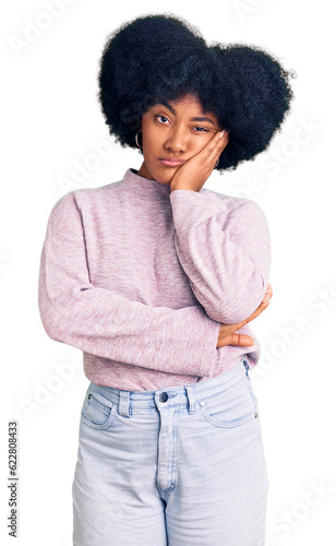 Young african american girl wearing casual clothes thinking looking tired and bored with depression problems with crossed arms.