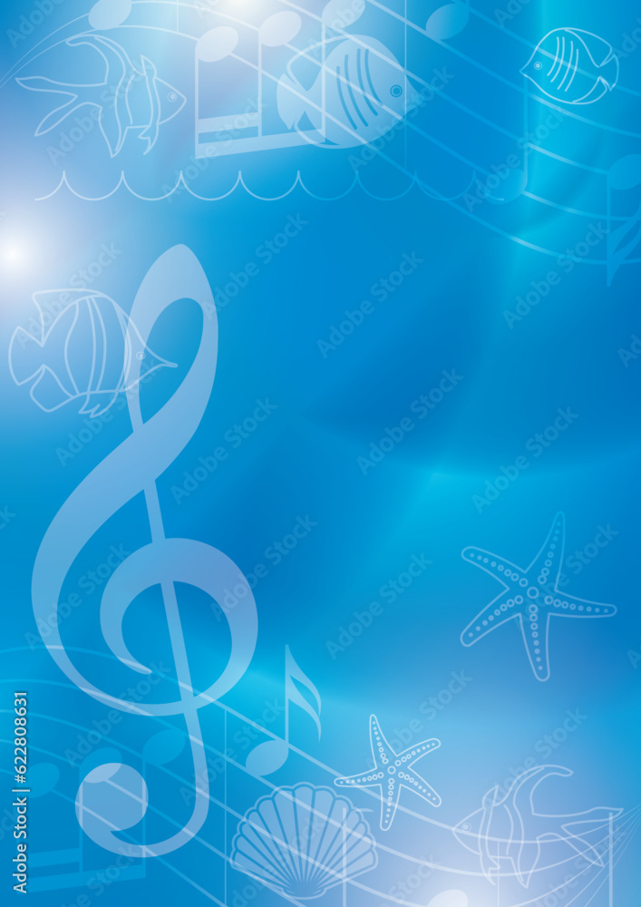 blue music background with sea fishes and starfishes - vector template