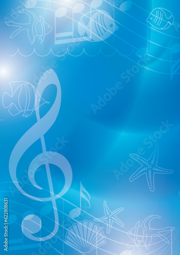 Obraz na płótnie blue music background with sea fishes and starfishes - vector template w salonie